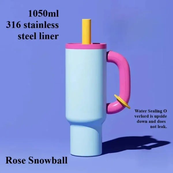 1050ML Iced Coffee Tumbler Car Thermos Cup With Straw Handle Stainless Steel Flask Large Capacity Drinkware Outdoor Water Bottle 3