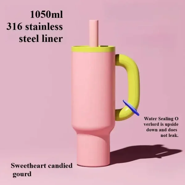 1050ML Iced Coffee Tumbler Car Thermos Cup With Straw Handle Stainless Steel Flask Large Capacity Drinkware Outdoor Water Bottle 4