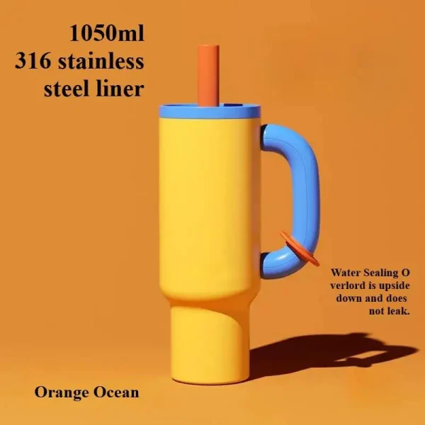 1050ML Iced Coffee Tumbler Car Thermos Cup With Straw Handle Stainless Steel Flask Large Capacity Drinkware Outdoor Water Bottle 5