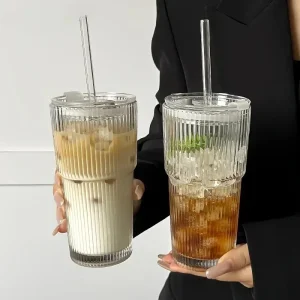 New 600ml Stripe Glass Cup Transparent Glasses with Lid and Straw Ice Coffee Mug Tea Cup Juice Glass Milk Water Cup Drinkware 1