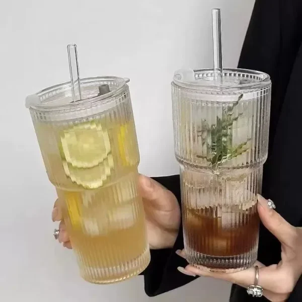New 600ml Stripe Glass Cup Transparent Glasses with Lid and Straw Ice Coffee Mug Tea Cup Juice Glass Milk Water Cup Drinkware 2