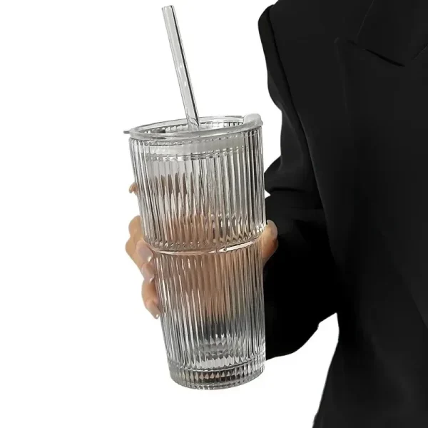 New 600ml Stripe Glass Cup Transparent Glasses with Lid and Straw Ice Coffee Mug Tea Cup Juice Glass Milk Water Cup Drinkware 3