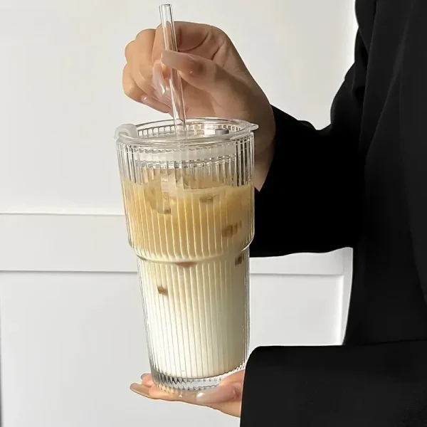 New 600ml Stripe Glass Cup Transparent Glasses with Lid and Straw Ice Coffee Mug Tea Cup Juice Glass Milk Water Cup Drinkware 4
