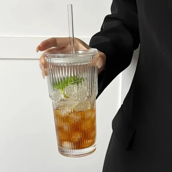 New 600ml Stripe Glass Cup Transparent Glasses with Lid and Straw Ice Coffee Mug Tea Cup Juice Glass Milk Water Cup Drinkware 5