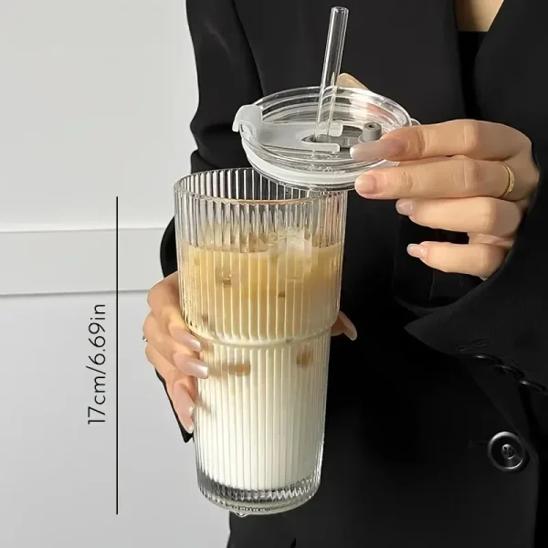 New 600ml Stripe Glass Cup Transparent Glasses with Lid and Straw Ice Coffee Mug Tea Cup Juice Glass Milk Water Cup Drinkware 6