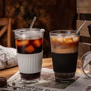 Stripe Glass Coffee Cup With Lid Thermal Insulation Cover Straw Transparent Drinking Glasses For Juice Coffee Mugs Drinkware 1