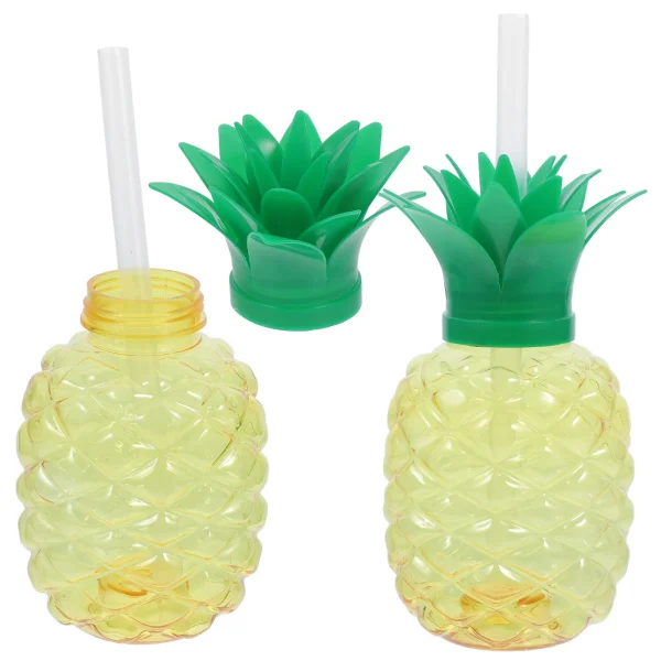2 Pcs Fruit Shaped Cups Pineapple Drinkware Plastic Glass Straw Party Supplies Large Capacity Summer Cups Beverages Milk Juice 2