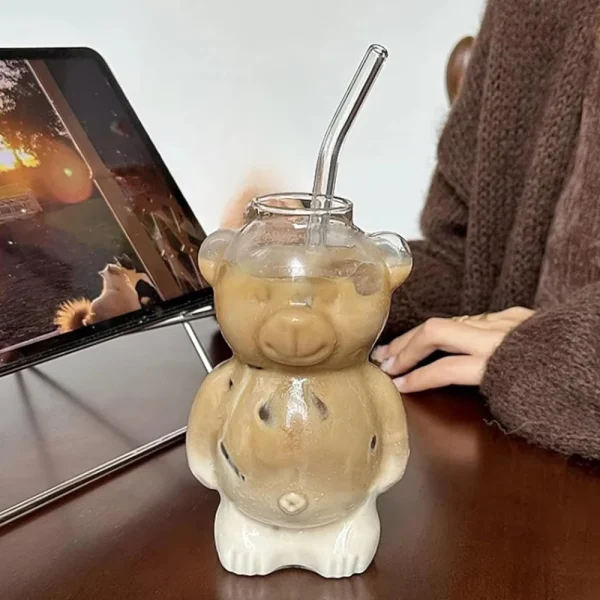 320ML Creative Cute Bear Coffee Mug with Straw Transparent Cup Beer Milk Coffee Water Cups Wholesale Glass Drinkware Mug Set 1