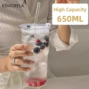 1/2PCS 600ml Stripe Glass Cup with Lid and Straw Transparent Drinking Glasses for Juice Water and Iced Coffee Cups Drinkware Mug 1