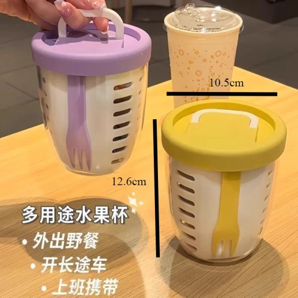 Korean Portable Fruit Salad Cup with Fork Drainage Design Picnic Breakfast Milk Oat Cup Secure Plastic Water Bottle Drinkware 6