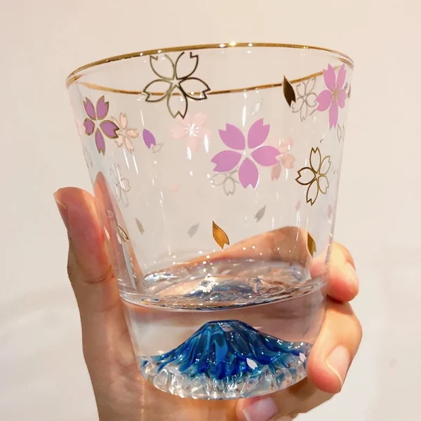 Creative Sakura Mount Fuji Glass Tea Cup Mug Wineglass Clean Glasses With Double Bottom Cold Drink Juice Milk Cups Drinkware New 1