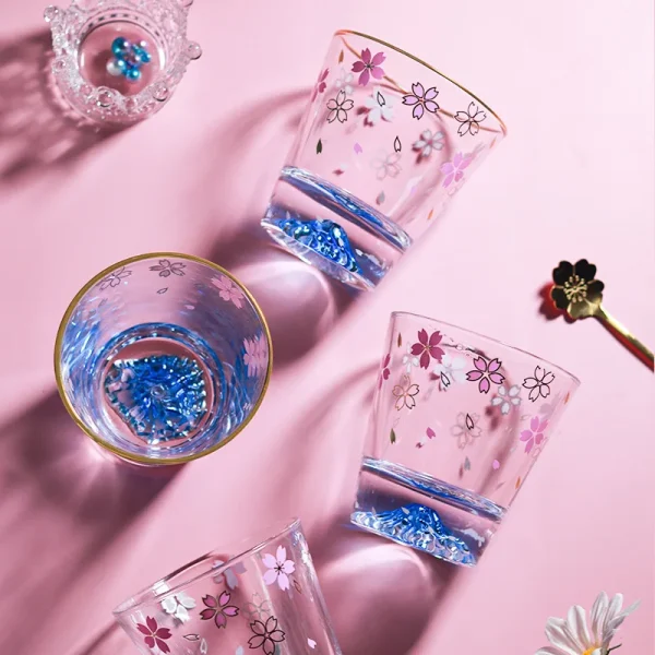 Creative Sakura Mount Fuji Glass Tea Cup Mug Wineglass Clean Glasses With Double Bottom Cold Drink Juice Milk Cups Drinkware New 2