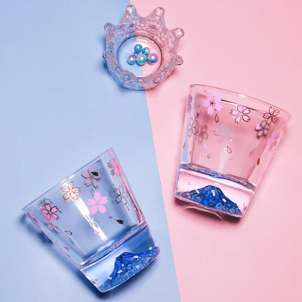 Creative Sakura Mount Fuji Glass Tea Cup Mug Wineglass Clean Glasses With Double Bottom Cold Drink Juice Milk Cups Drinkware New 3