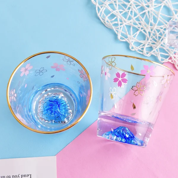 Creative Sakura Mount Fuji Glass Tea Cup Mug Wineglass Clean Glasses With Double Bottom Cold Drink Juice Milk Cups Drinkware New 4