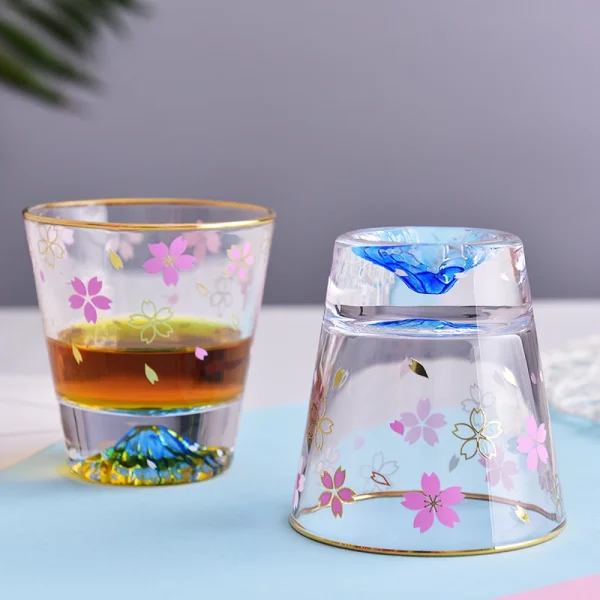 Creative Sakura Mount Fuji Glass Tea Cup Mug Wineglass Clean Glasses With Double Bottom Cold Drink Juice Milk Cups Drinkware New 5