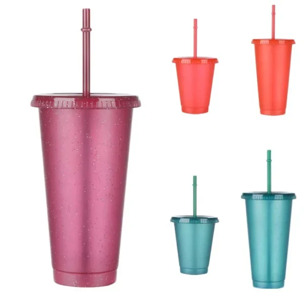 480/700ML Sequin Glitter Straw Cup Plastic Cup with Lids and Straws Reusable Coffee Cups Mugs Bubble Tea Cup Party Bar Drinkware 2