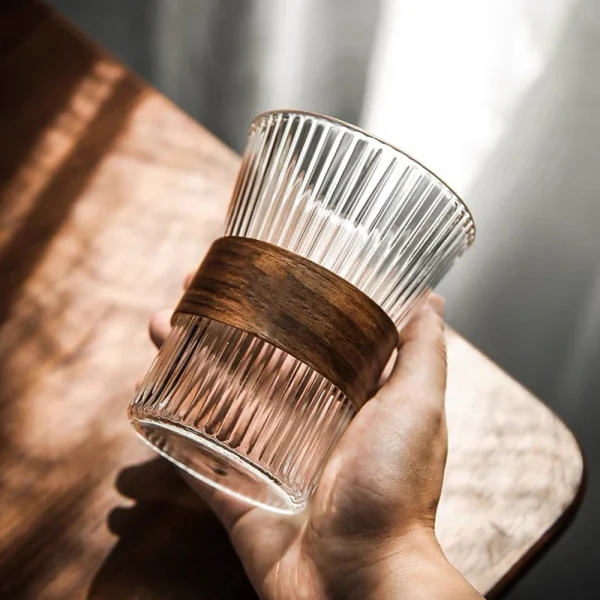 350ml Japanese Style Glass Coffee Mug with Walnut Wooden Sleeve - Heat Insulated Cup for Tea, Milk, Beer - Elegant Drinkware 1