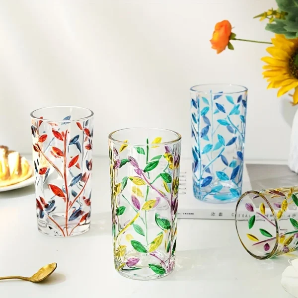 1pc 320ml Colorful Leaf Pattern Drinking Glass Perfect for Iced Coffee Juice and Beer Birthday Gift Winter and Summer Drinkware 1