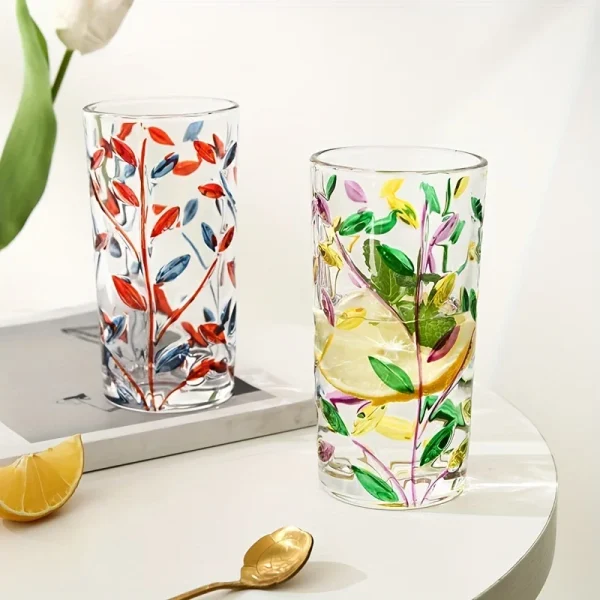 1pc 320ml Colorful Leaf Pattern Drinking Glass Perfect for Iced Coffee Juice and Beer Birthday Gift Winter and Summer Drinkware 2