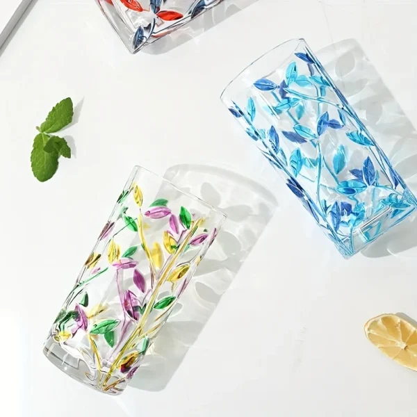 1pc 320ml Colorful Leaf Pattern Drinking Glass Perfect for Iced Coffee Juice and Beer Birthday Gift Winter and Summer Drinkware 3
