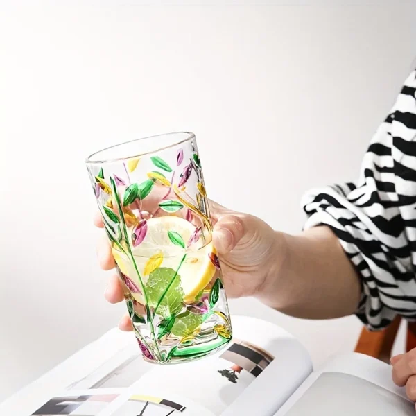 1pc 320ml Colorful Leaf Pattern Drinking Glass Perfect for Iced Coffee Juice and Beer Birthday Gift Winter and Summer Drinkware 4