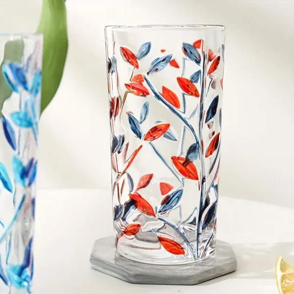 1pc 320ml Colorful Leaf Pattern Drinking Glass Perfect for Iced Coffee Juice and Beer Birthday Gift Winter and Summer Drinkware 5