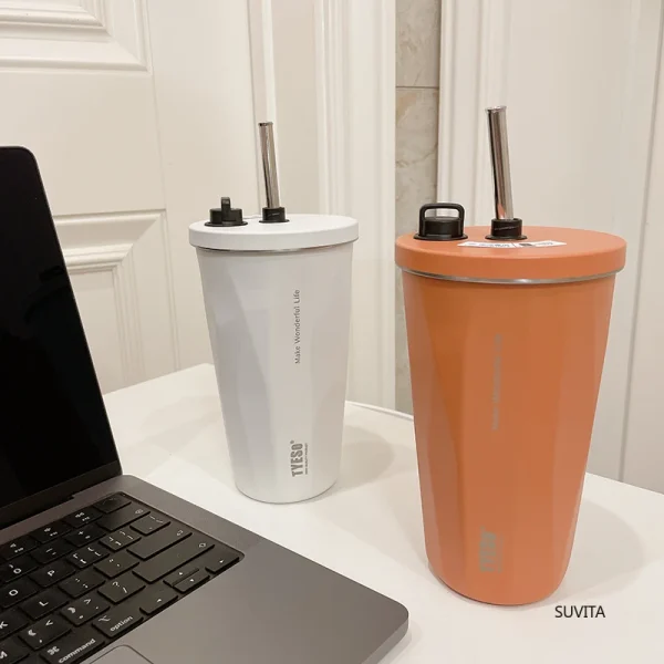 TYESO 600ML Stainless Steel Thermos Water Bottle Vacuum Flask With Retractable Straw Cold Hot Drink Car Thermos Mug Tumbler 2