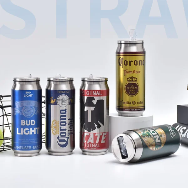 Drink Beer Coffee Mug 500ML Thermos Stainless Steel Cup Creative Beer Can Insulated Cup Vacuum Cups with Straw Cold Keeper 5