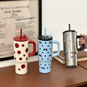 24oz Portability Tumbler with Handle Straw Lid Large Volume Stainless Steel Vacuum Insulated Cup Keep Cold Travel Mug 1