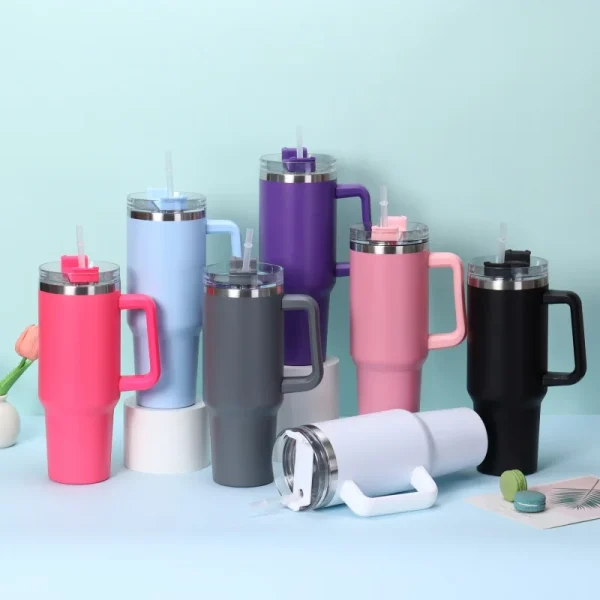 Simple Solid Color Large Capacity Double-layer Vacuum Stainless Steel Thermos Cup with Straw Coffee Cup Outdoor Car Water Cup 1