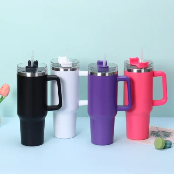 Simple Solid Color Large Capacity Double-layer Vacuum Stainless Steel Thermos Cup with Straw Coffee Cup Outdoor Car Water Cup 5