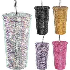 1 Pc Rhinestone Coffee Cup Gift Cup Rhinestone Rhinestone Thermos Cup Double Stainless Steel Straw Cup Coffee Mug  Water Bottles 1