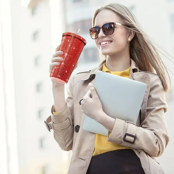 1 Pc Rhinestone Coffee Cup Gift Cup Rhinestone Rhinestone Thermos Cup Double Stainless Steel Straw Cup Coffee Mug  Water Bottles 2
