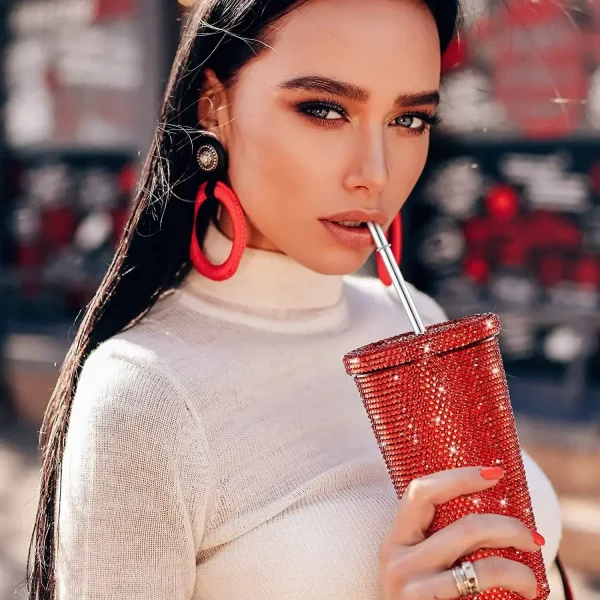1 Pc Rhinestone Coffee Cup Gift Cup Rhinestone Rhinestone Thermos Cup Double Stainless Steel Straw Cup Coffee Mug  Water Bottles 3