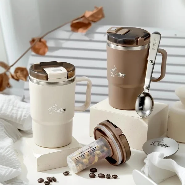 WORTHBUY New Double-Wall Thermal Insulated Coffee Mug 304 Stainless Steel Water Cup With Spoon&Tea Strainer Sealed Drinking Cup 2