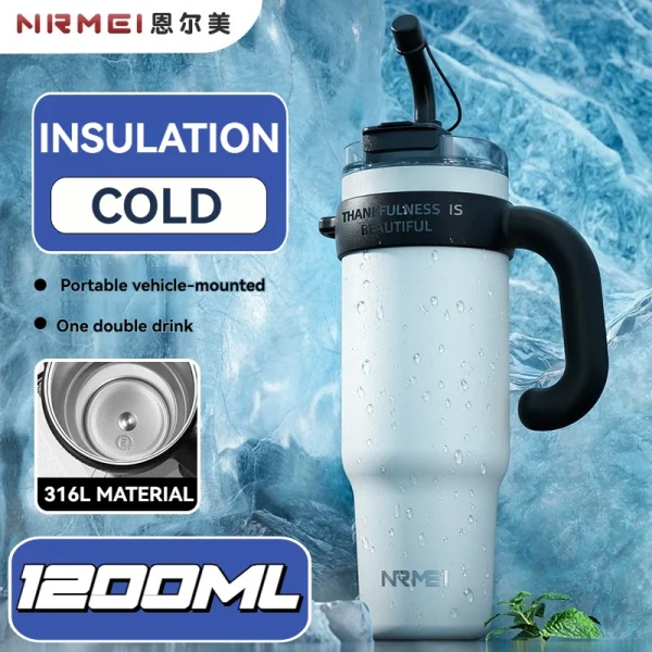 1.2L Drinkware Vacuum Flasks Thermoses Termo Water Bottle Tumbler Coffee Cup Stainless Steel With Straw Lid Insulated Mug Handle 2