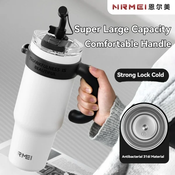 1.2L Drinkware Vacuum Flasks Thermoses Termo Water Bottle Tumbler Coffee Cup Stainless Steel With Straw Lid Insulated Mug Handle 3