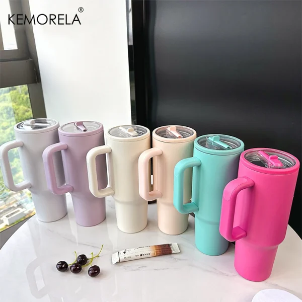 KEMORELA Thermos Cup 40oz Double-Layer Tumbler Ice Cup 1200ML Leak-Proof Foldable Straw Cover Direct Drinking Mouth Car Cup 1