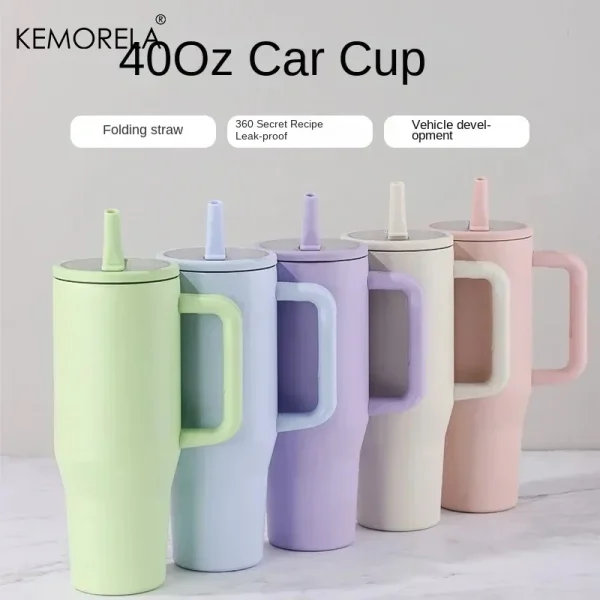 KEMORELA Thermos Cup 40oz Double-Layer Tumbler Ice Cup 1200ML Leak-Proof Foldable Straw Cover Direct Drinking Mouth Car Cup 2
