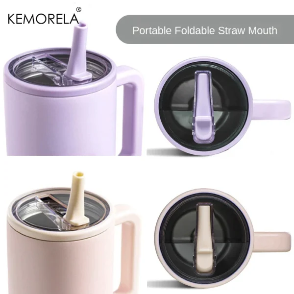KEMORELA Thermos Cup 40oz Double-Layer Tumbler Ice Cup 1200ML Leak-Proof Foldable Straw Cover Direct Drinking Mouth Car Cup 3