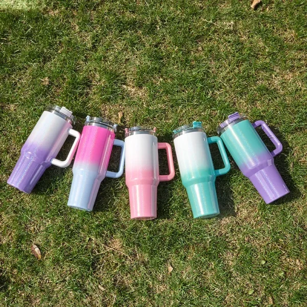 40Oz Stainless Steel thermos cup With Handle Lid and Straw Insulated Rainbow Paint Travel Mug For Hot And Cold Beverages Outdoor 2