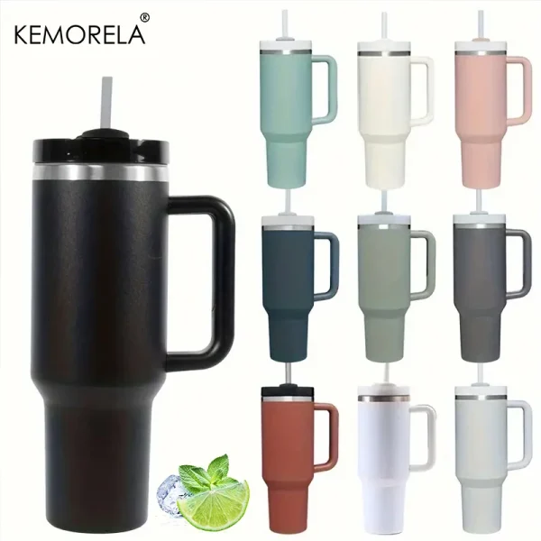 KEMORELA Tumbler With Handle Lid Straw Stainless Steel Water Bottle 887/1182ML Vacuum Thermos Cup Travel Car Coffee Mug 1