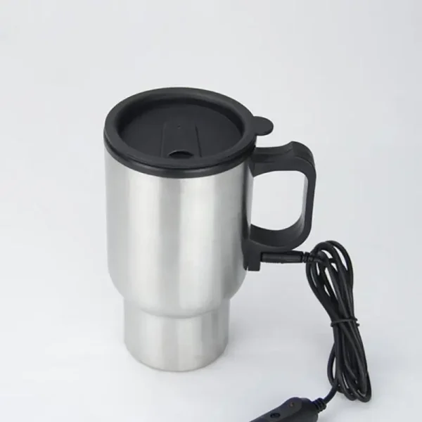 12V Car Heated Mug 450ml Stainless Steel Travel Electric Cup Thermos Cup for Heating Water, Coffee, Milk with Lid, Auto Charger 2