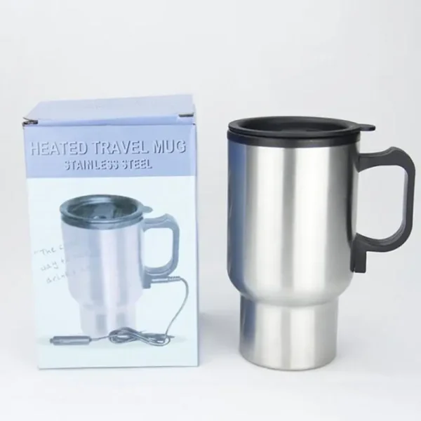 12V Car Heated Mug 450ml Stainless Steel Travel Electric Cup Thermos Cup for Heating Water, Coffee, Milk with Lid, Auto Charger 4