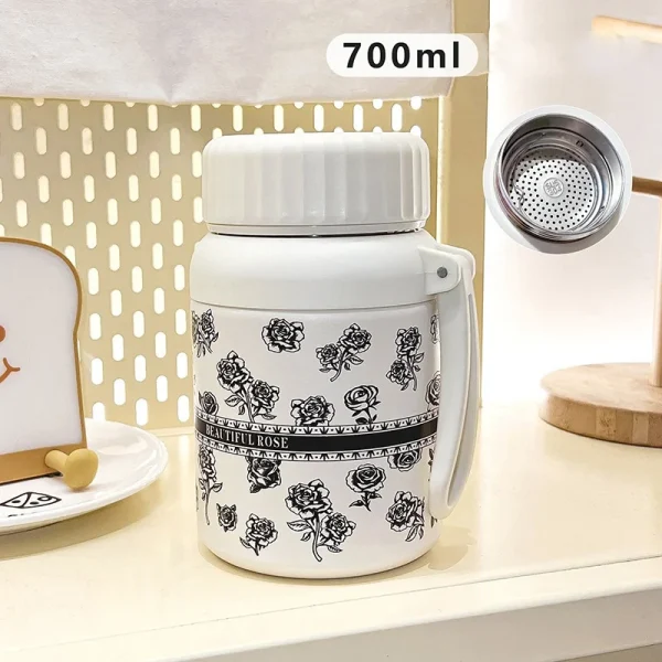 High Value Black Rose Printing  Cup Stainless Steel Thermos Cup Exquisite Student Water Cup with Handle Strap Rope Water Cup 1