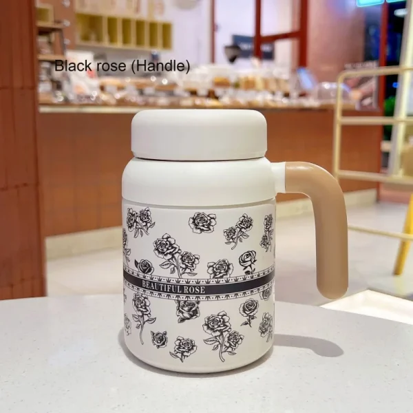 High Value Black Rose Printing  Cup Stainless Steel Thermos Cup Exquisite Student Water Cup with Handle Strap Rope Water Cup 3