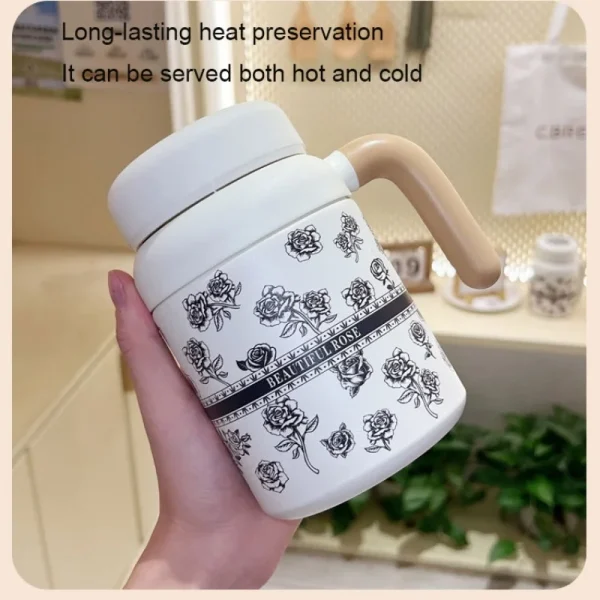 High Value Black Rose Printing  Cup Stainless Steel Thermos Cup Exquisite Student Water Cup with Handle Strap Rope Water Cup 4