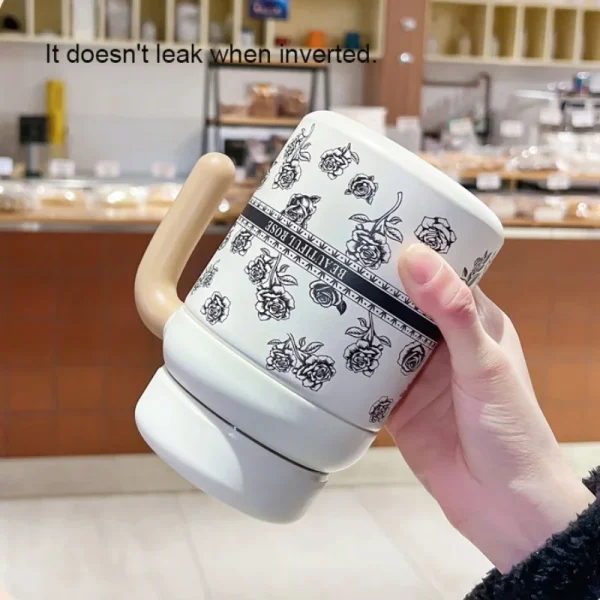 High Value Black Rose Printing  Cup Stainless Steel Thermos Cup Exquisite Student Water Cup with Handle Strap Rope Water Cup 5