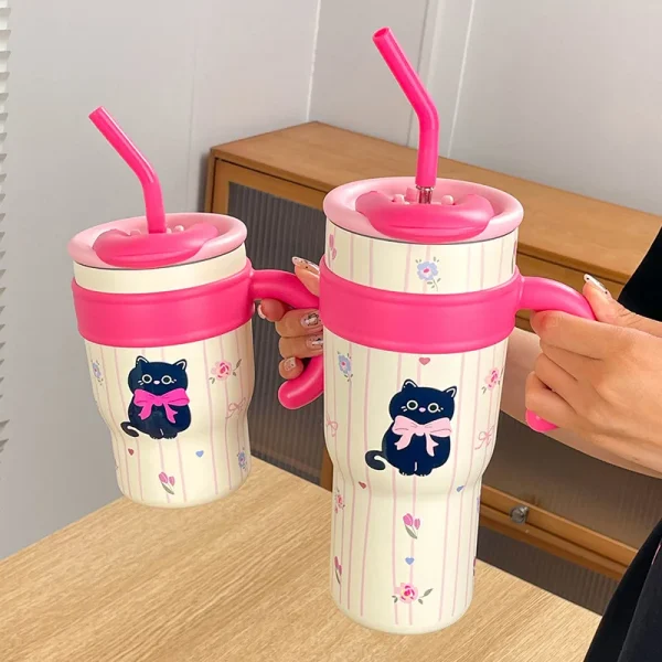 700ML/1.2L Tumbler with Handle Lid Straw Cute Cat thermos Cup Stainless Steel Water Bottle Outdoor Travel Car Coffee Mug Gift 1