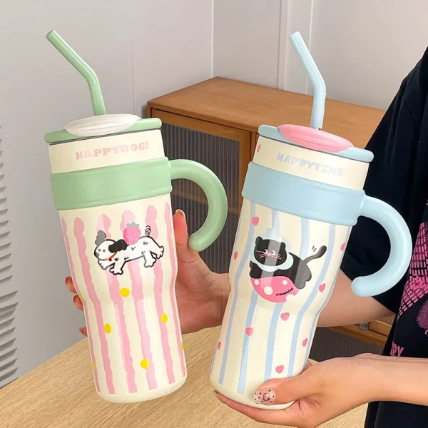 700ML/1.2L Tumbler with Handle Lid Straw Cute Cat thermos Cup Stainless Steel Water Bottle Outdoor Travel Car Coffee Mug Gift 2